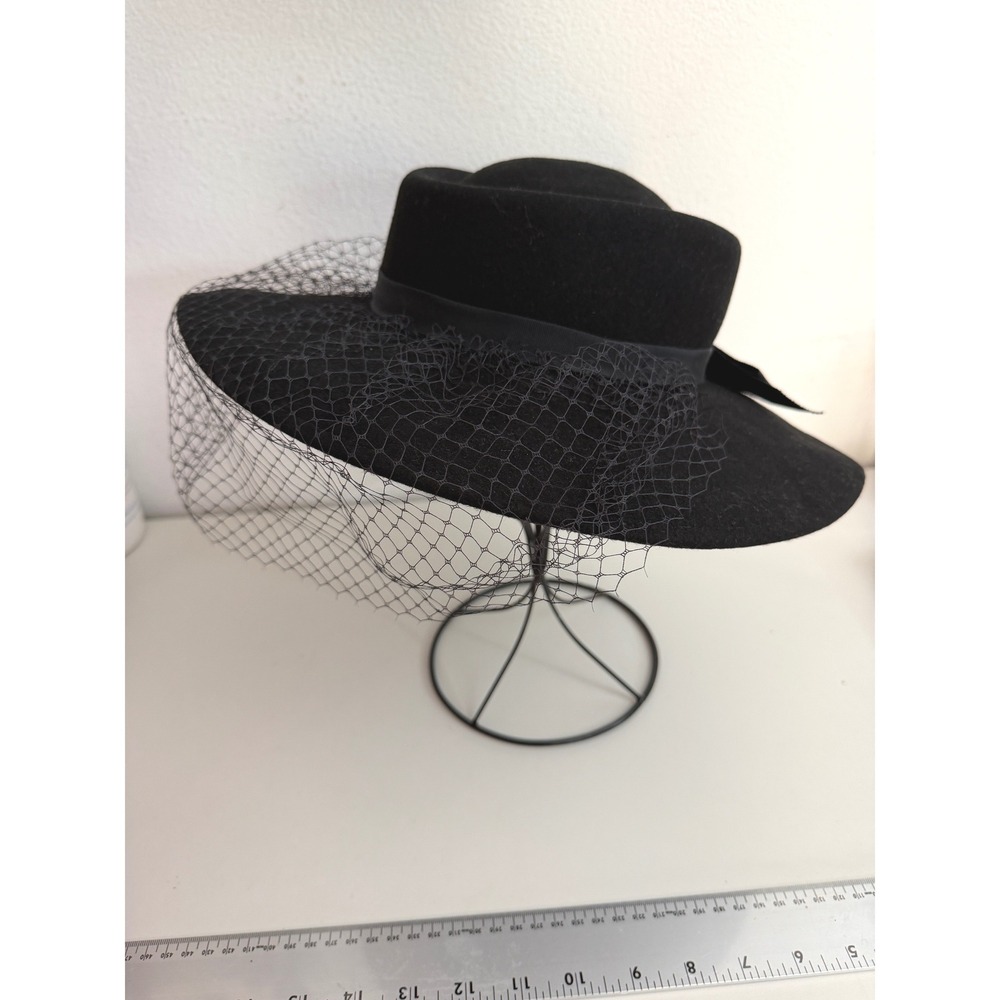 Vintage Ernie Doeskin Black Wool Felt Veiled Wide Brim Hat Bow Geo W Bollman USA